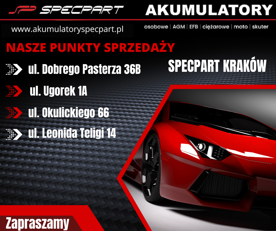 Akumulatory Kraków 4 sklepy w Krakowie: Ugorek 1A, Teligi 14, Dobrego Pasterza, Okulickiego Specpart